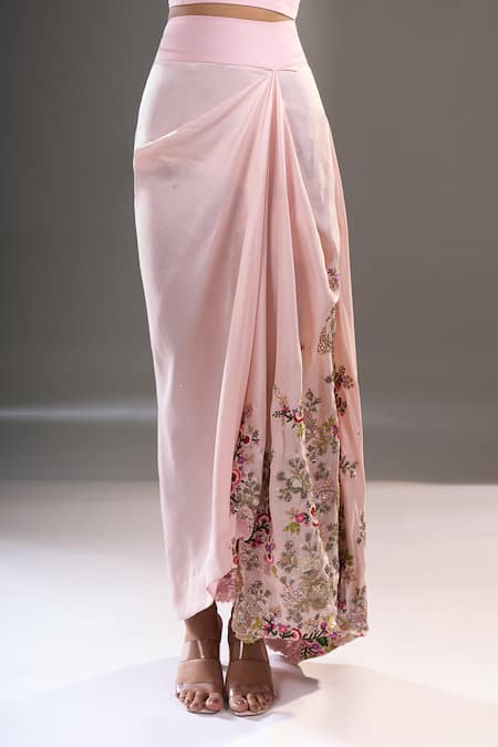 Anamika Khanna_Pink Embroidery, Sequins One Shoulder, Bandeau Neck Cape And Draped Skirt Set _at_Aza_Fashions