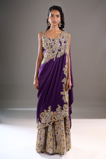 Shop_Anamika Khanna_Mustard Embroidery, Sequins, Stones Open Neck, Scoop Cape And Draped Sharara Set _Online_at_Aza_Fashions