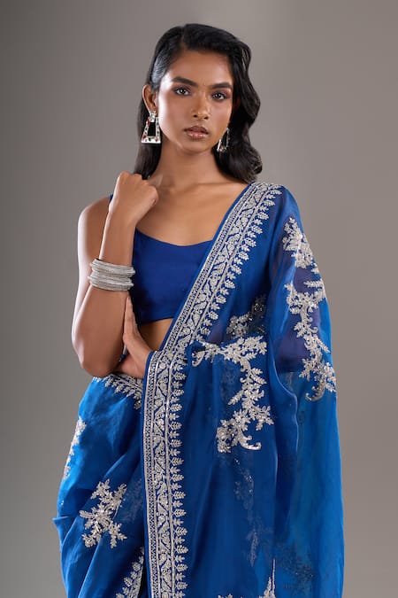 Shop_Anushree Reddy_Navy Embroidery, Zari Gutcha Bordered Saree With Unstitched Blouse Piece _Online_at_Aza_Fashions