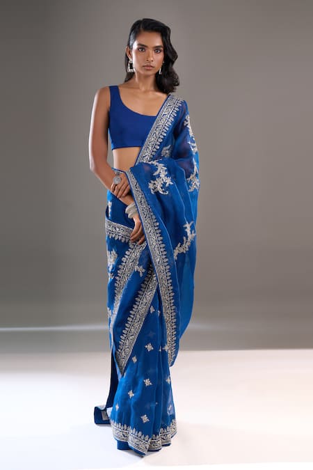 Anushree Reddy_Navy Embroidery, Zari Gutcha Bordered Saree With Unstitched Blouse Piece _at_Aza_Fashions