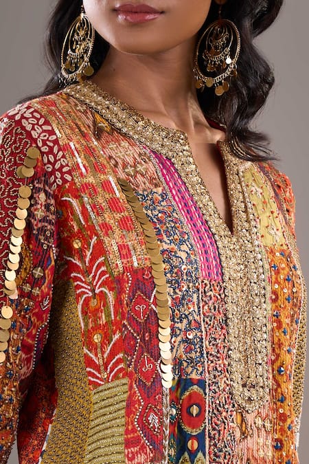 Debyani + CO_Multi Color Sequins, Embroidery, Gota Patti Split V-neck Kurta With Salwar _Online_at_Aza_Fashions