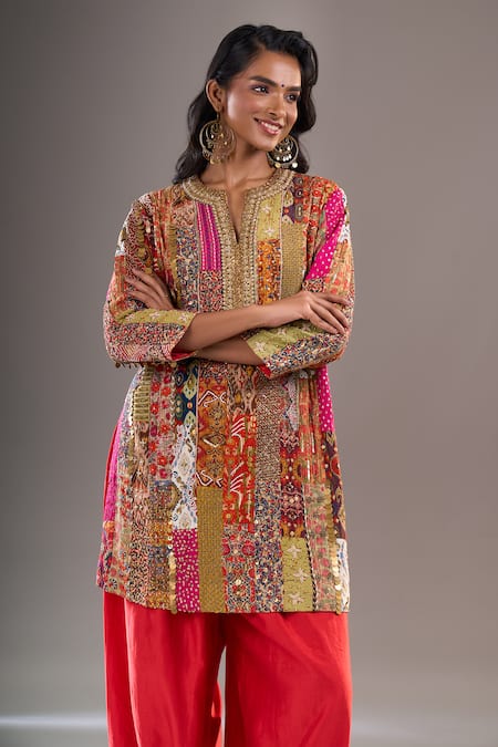 Shop_Debyani + CO_Multi Color Sequins, Embroidery, Gota Patti Split V-neck Kurta With Salwar _Online_at_Aza_Fashions