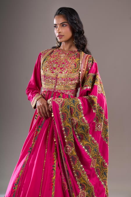 Debyani + CO_Pink Embroidery, Sequins, Mirrors Round Neck Yoke Anarkali With Dupatta _Online_at_Aza_Fashions