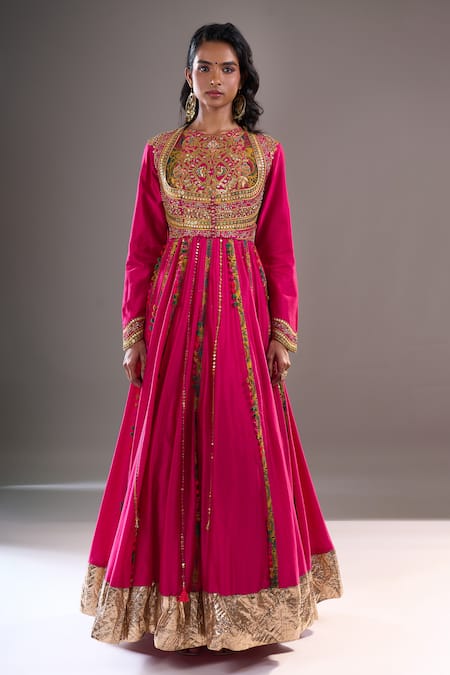 Buy_Debyani + CO_Pink Embroidery, Sequins, Mirrors Round Neck Yoke Anarkali With Dupatta _Online_at_Aza_Fashions