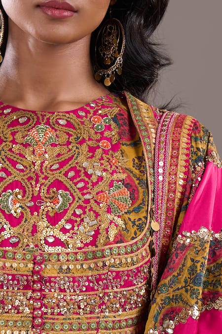 Shop_Debyani + CO_Pink Embroidery, Sequins, Mirrors Round Neck Yoke Anarkali With Dupatta _Online_at_Aza_Fashions