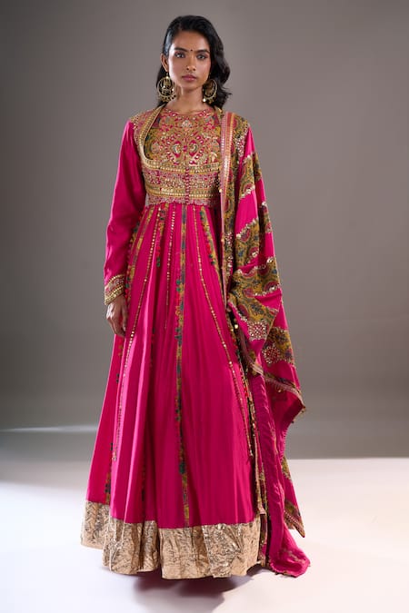 Buy_Debyani + CO_Pink Embroidery, Sequins, Mirrors Round Neck Yoke Anarkali With Dupatta 