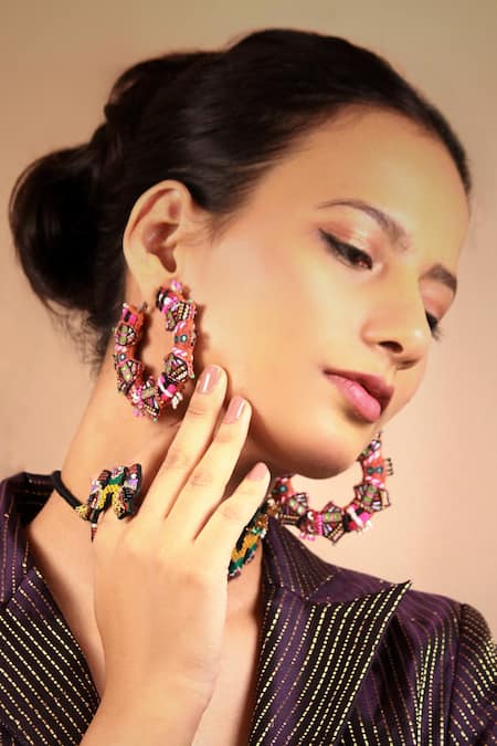 NAKHREWAALI Masakali Hand Embroidered Hoop Earrings 