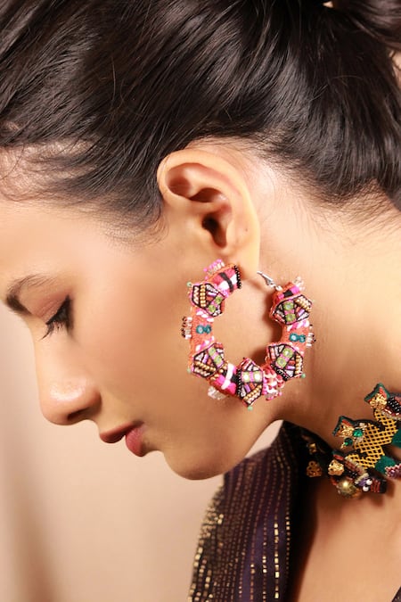 NAKHREWAALI Masakali Hand Embroidered Hoop Earrings 