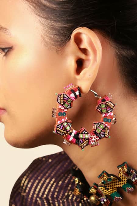NAKHREWAALI_Multi Color Embroidery, Beads Masakali Hand Hoop Earrings _Online_at_Aza_Fashions