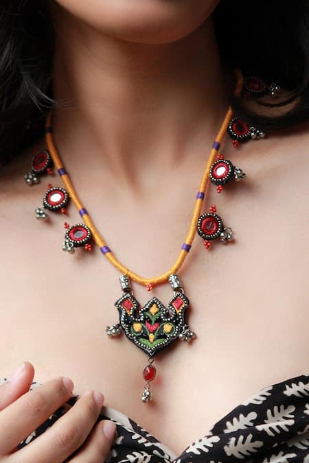 NAKHREWAALI_Yellow Sahiba Hand Embroidered Pendant Necklace _Online_at_Aza_Fashions