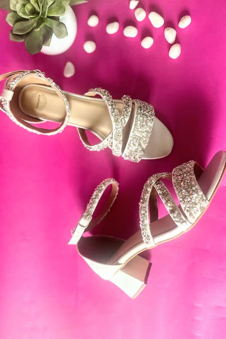 Modanta Footwear_White Pearls, Crystals, Faux Diamonds, Embroidery Pristine Heels _Online_at_Aza_Fashions