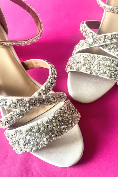 Buy_Modanta Footwear_White Pearls, Crystals, Faux Diamonds, Embroidery Pristine Heels _Online_at_Aza_Fashions