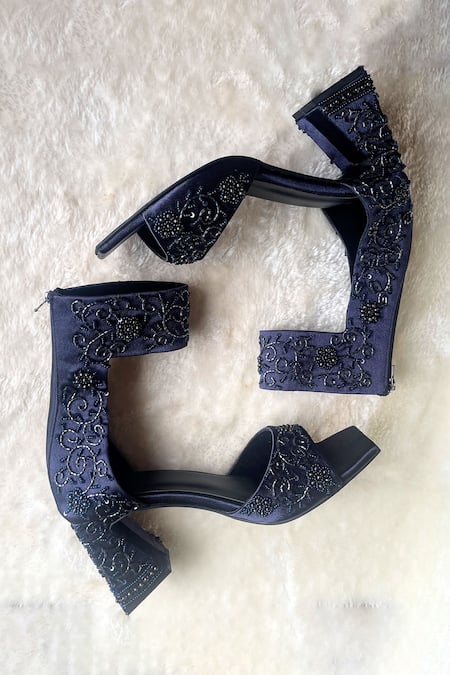 Modanta Footwear_Navy Embroidery, Beads Cutdana Ankle Strap Heels _Online_at_Aza_Fashions