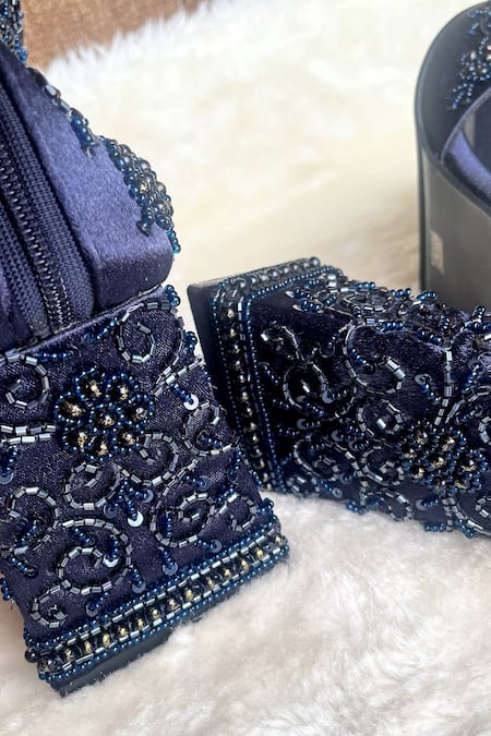 Buy_Modanta Footwear_Navy Embroidery, Beads Cutdana Ankle Strap Heels _Online_at_Aza_Fashions