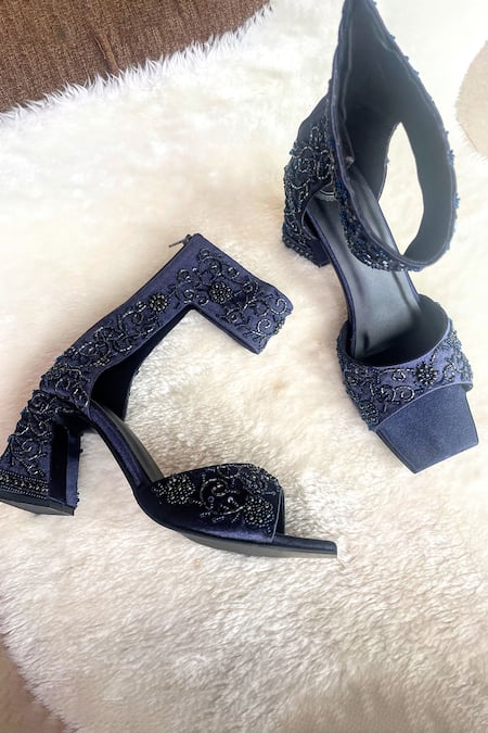 Shop_Modanta Footwear_Navy Embroidery, Beads Cutdana Ankle Strap Heels _Online_at_Aza_Fashions