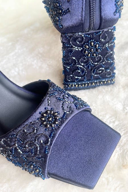 Modanta Footwear_Navy Embroidery, Beads Cutdana Ankle Strap Heels _at_Aza_Fashions