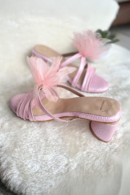 Modanta Footwear_Pink Fabric Flowers Embellished Block Heels _Online_at_Aza_Fashions
