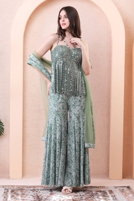 Shop_Isha Regalia_Green Georgette, Net Mirrors, Tassels, Embroidery Bodysuit Sharara Set _Online_at_Aza_Fashions
