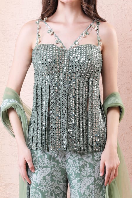 Isha Regalia_Green Georgette, Net Mirrors, Tassels, Embroidery Bodysuit Sharara Set _at_Aza_Fashions