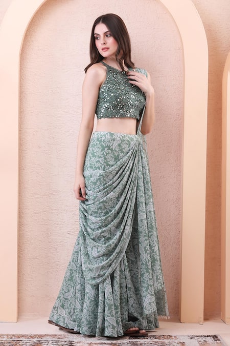Isha Regalia_Green Georgette, Net Mirrors, Embroidery Printed Pre-draped Saree With Blouse _Online_at_Aza_Fashions
