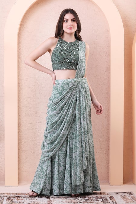 Isha Regalia Printed Pre-Draped Saree With Blouse 