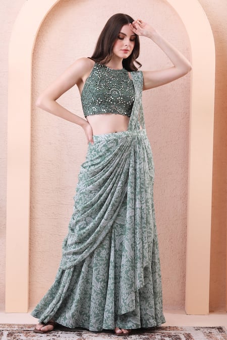 Shop_Isha Regalia_Green Georgette, Net Mirrors, Embroidery Printed Pre-draped Saree With Blouse _Online_at_Aza_Fashions