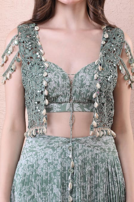 Isha Regalia_Green Net, Georgette Mirrors, Beads Open Neck, Printed Pleated Skirt Set _Online_at_Aza_Fashions