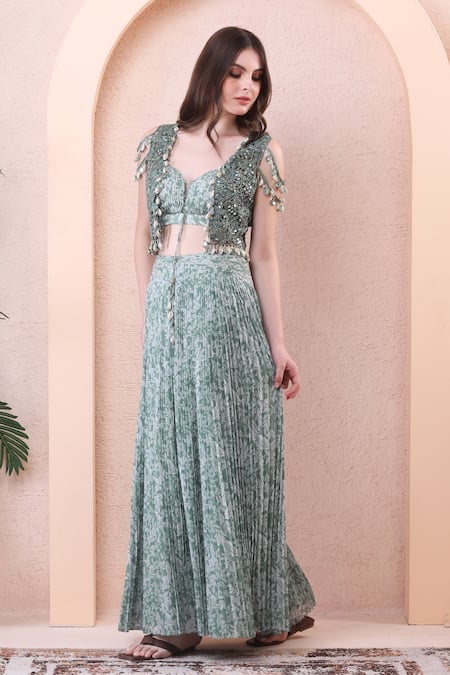 Shop_Isha Regalia_Green Net, Georgette Mirrors, Beads Open Neck, Printed Pleated Skirt Set _Online_at_Aza_Fashions
