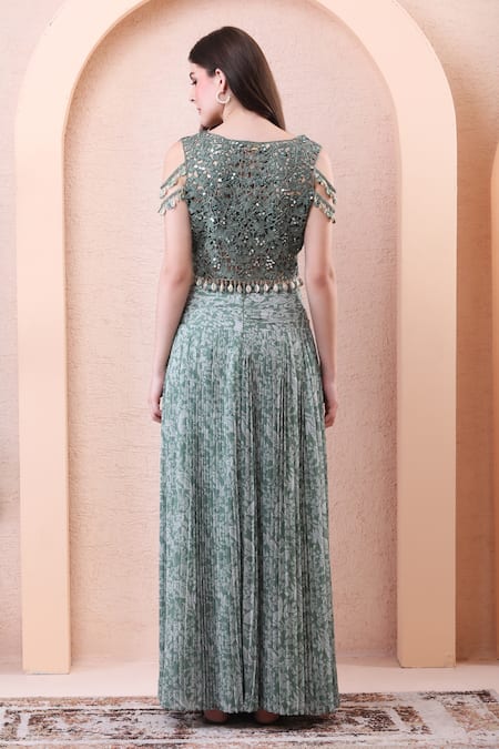 Isha Regalia_Green Net, Georgette Mirrors, Beads Open Neck, Printed Pleated Skirt Set _at_Aza_Fashions