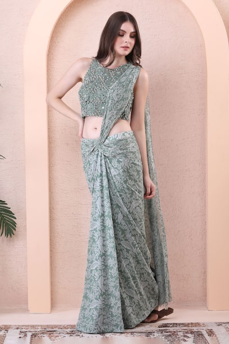 Isha Regalia Printed Pre-Draped Saree With Embroidered Blouse 