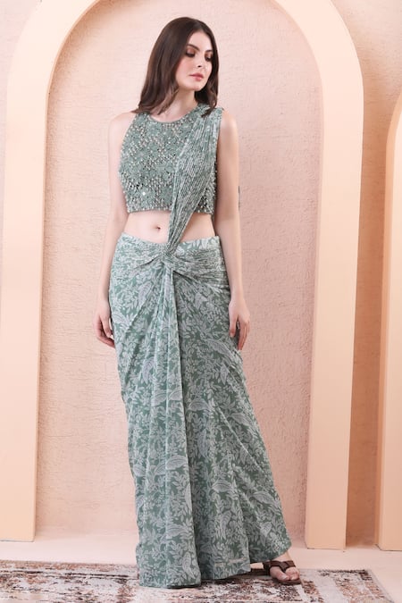 Isha Regalia_Green Georgette, Net Mirrors, Printed Pre-draped Saree With Embroidered Blouse _Online_at_Aza_Fashions