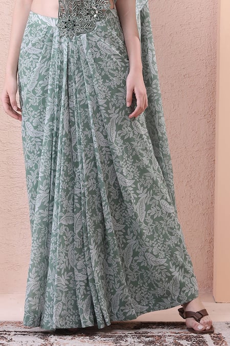 Isha Regalia_Green Georgette, Net Mirrors, Beads, Printed Pre-draped Saree With Blouse _Online_at_Aza_Fashions