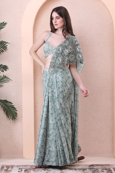 Buy_Isha Regalia_Green Georgette, Net Mirrors, Beads, Printed Pre-draped Saree With Blouse _Online_at_Aza_Fashions