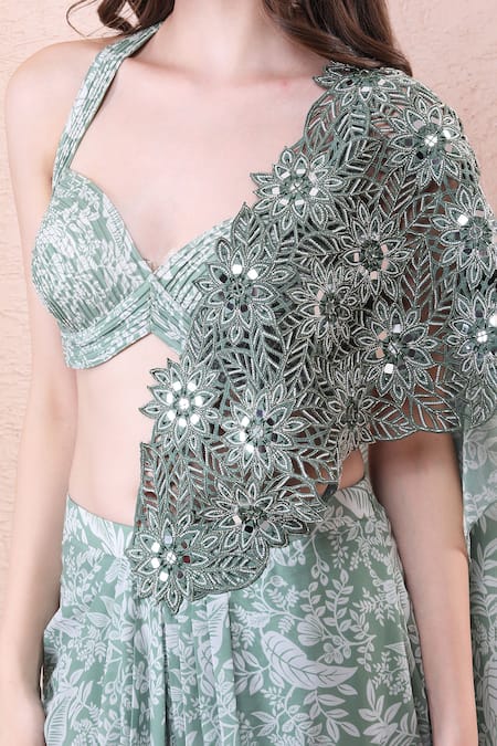 Isha Regalia_Green Georgette, Net Mirrors, Beads, Printed Pre-draped Saree With Blouse _at_Aza_Fashions