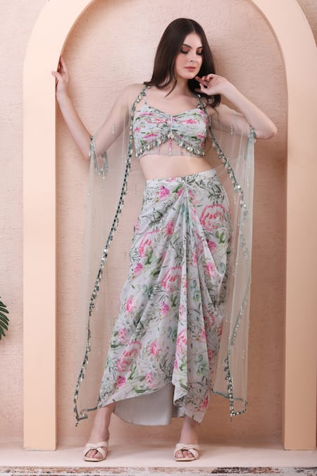 Isha Regalia Floral Print Cape Draped Skirt Set 