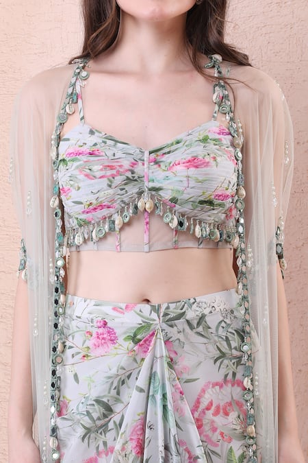 Isha Regalia_Pink Georgette Sweetheart , Open Floral Print Cape Draped Skirt Set _Online_at_Aza_Fashions