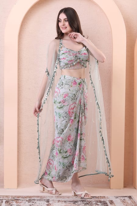 Buy_Isha Regalia_Pink Georgette Sweetheart , Open Floral Print Cape Draped Skirt Set _Online_at_Aza_Fashions