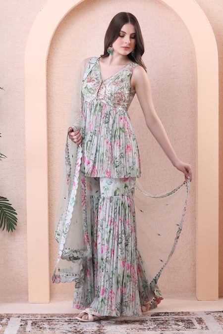 Isha Regalia_Green Georgette, Net Zari, Embroidery, Floral Printed Pleated Kurta Sharara Set _Online_at_Aza_Fashions