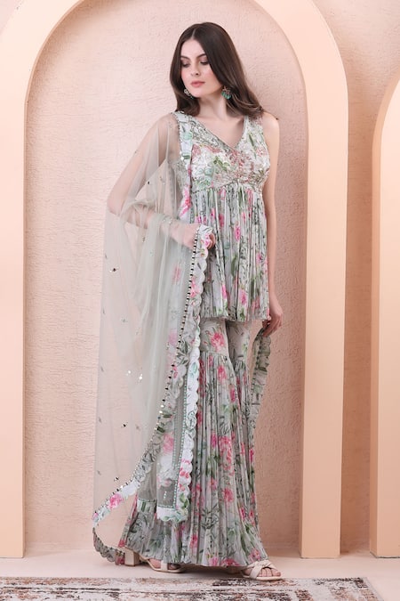 Buy_Isha Regalia_Green Georgette, Net Zari, Embroidery, Floral Printed Pleated Kurta Sharara Set _Online_at_Aza_Fashions