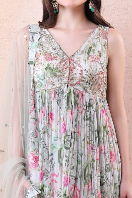 Shop_Isha Regalia_Green Georgette, Net Zari, Embroidery, Floral Printed Pleated Kurta Sharara Set _Online_at_Aza_Fashions