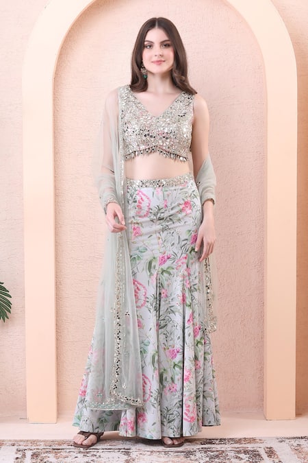 Isha Regalia_Green Georgette, Net Mirrors, Sequins, Stones Panelled Floral Print Lehenga Set _Online_at_Aza_Fashions