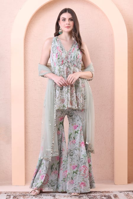 Isha Regalia_Green Georgette, Net Sequins, Embroidery V-neck Floral Print Kurta Sharara Set _Online_at_Aza_Fashions