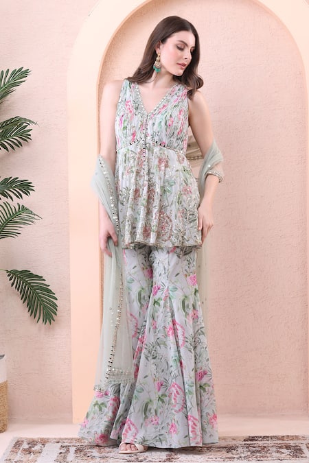 Buy_Isha Regalia_Green Georgette, Net Sequins, Embroidery V-neck Floral Print Kurta Sharara Set _Online_at_Aza_Fashions