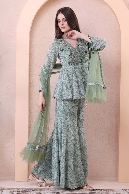 Buy_Isha Regalia_Green Georgette, Net Beads, Stones, Printed Peplum Anarkali Sharara Set _Online_at_Aza_Fashions