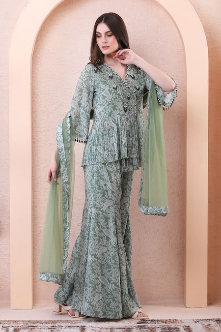 Isha Regalia_Green Georgette, Net Beads, Pearls, Tassels, Printed Draped Angrakha Sharara Set _Online_at_Aza_Fashions