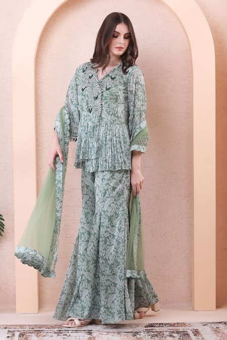 Buy_Isha Regalia_Green Georgette, Net Beads, Pearls, Tassels, Printed Draped Angrakha Sharara Set _Online_at_Aza_Fashions