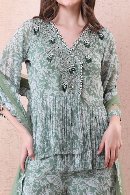 Shop_Isha Regalia_Green Georgette, Net Beads, Pearls, Tassels, Printed Draped Angrakha Sharara Set _Online_at_Aza_Fashions