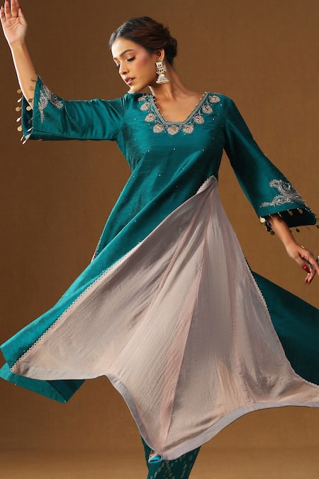 Arpita Sulakshana_Turquoise Silk, Organza Embroidery, Mirrors, Tassels, Ambar Phool Kurta Set _at_Aza_Fashions