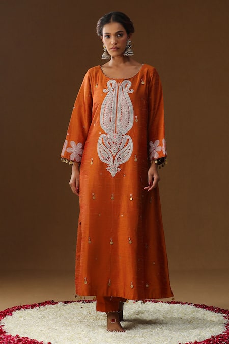 Arpita Sulakshana_Orange Silk Embroidery, Sequins, Tassels Boat Neck Kesar Tara Kurta Set _Online_at_Aza_Fashions