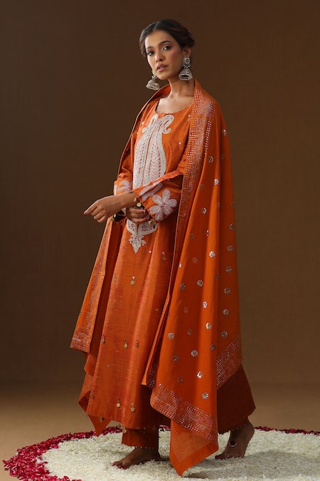 Buy_Arpita Sulakshana_Orange Silk Embroidery, Sequins, Tassels Boat Neck Kesar Tara Kurta Set _Online_at_Aza_Fashions